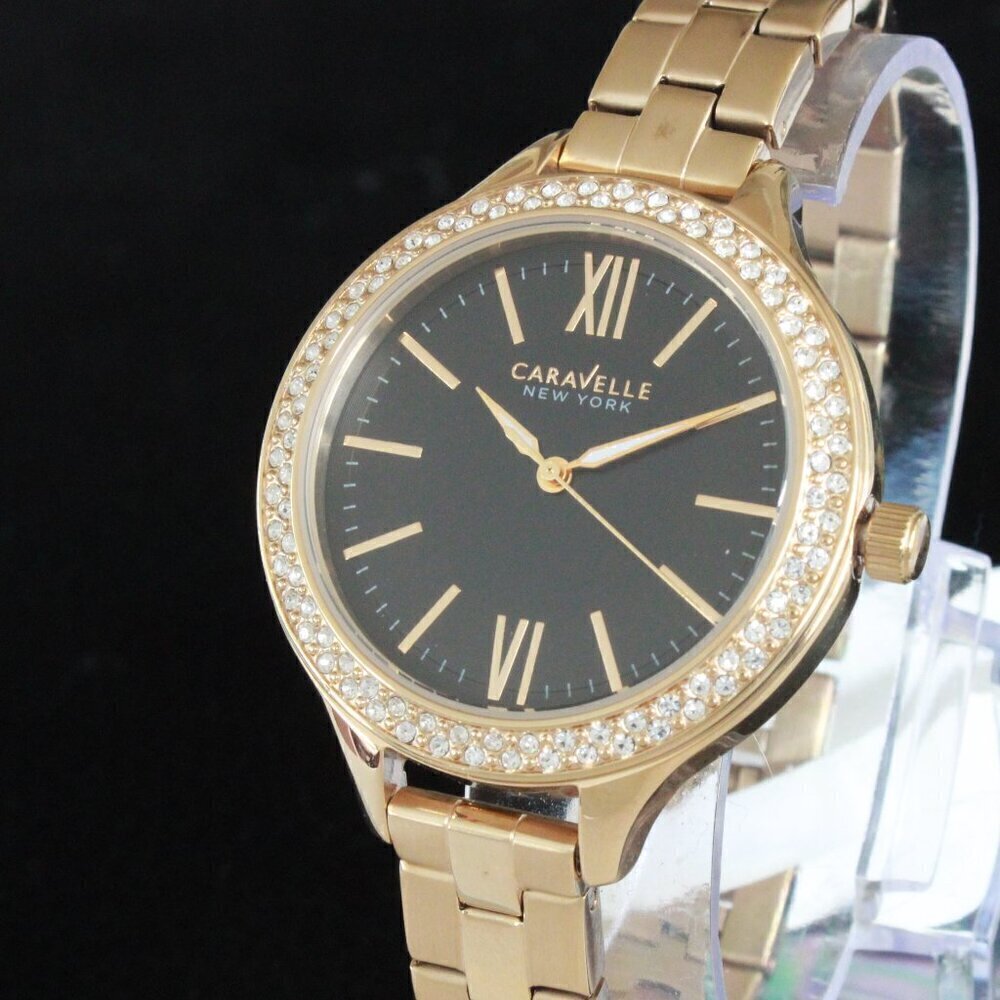 Caravelle New York Ladies Casual Watch Swarovski Crystal Bezel Gold Tone 37mm - Picture 7 of 14